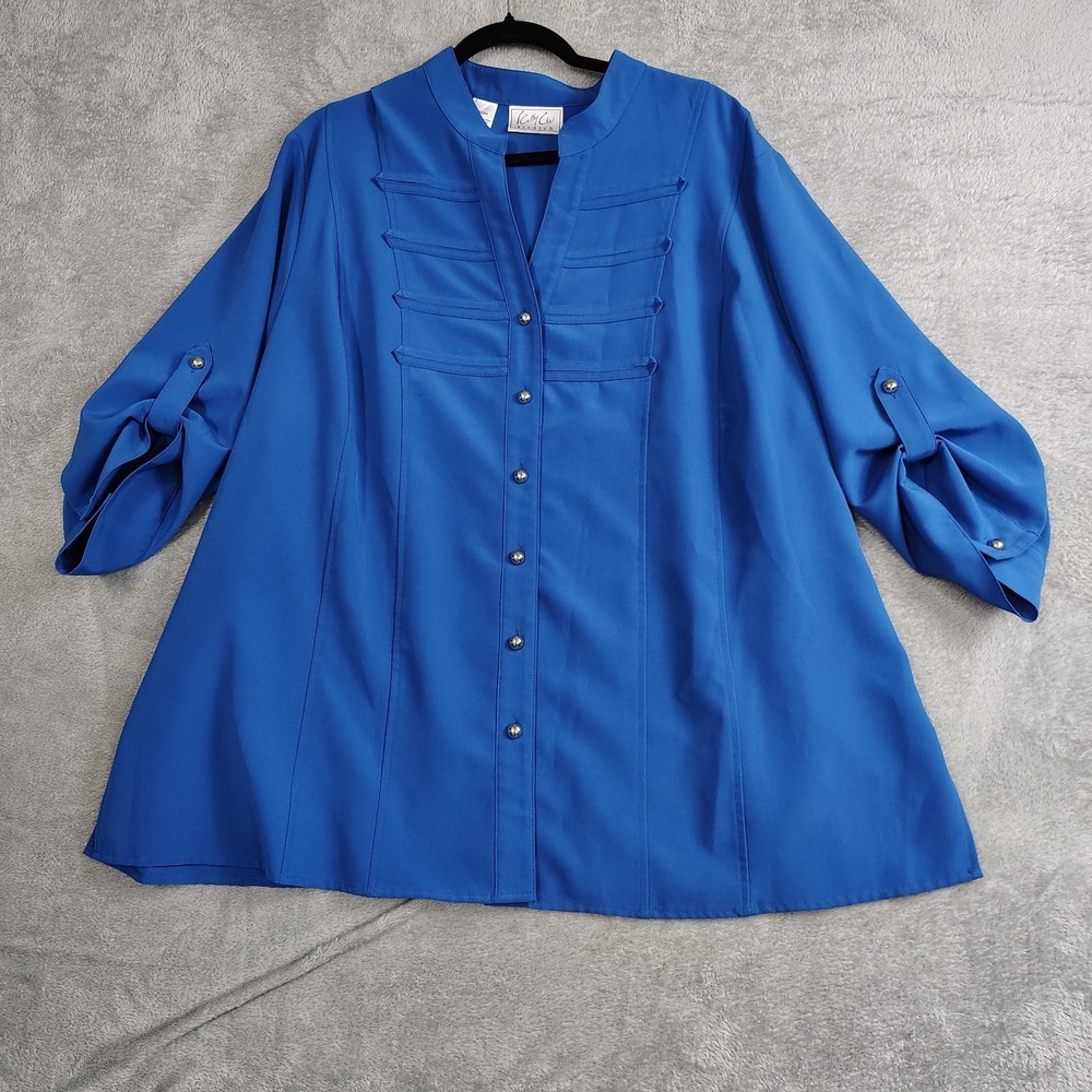 Royal Blue Kathy Che Stretch Blouse Size 22/24W‎ Roll Tab Sleeve Button Up